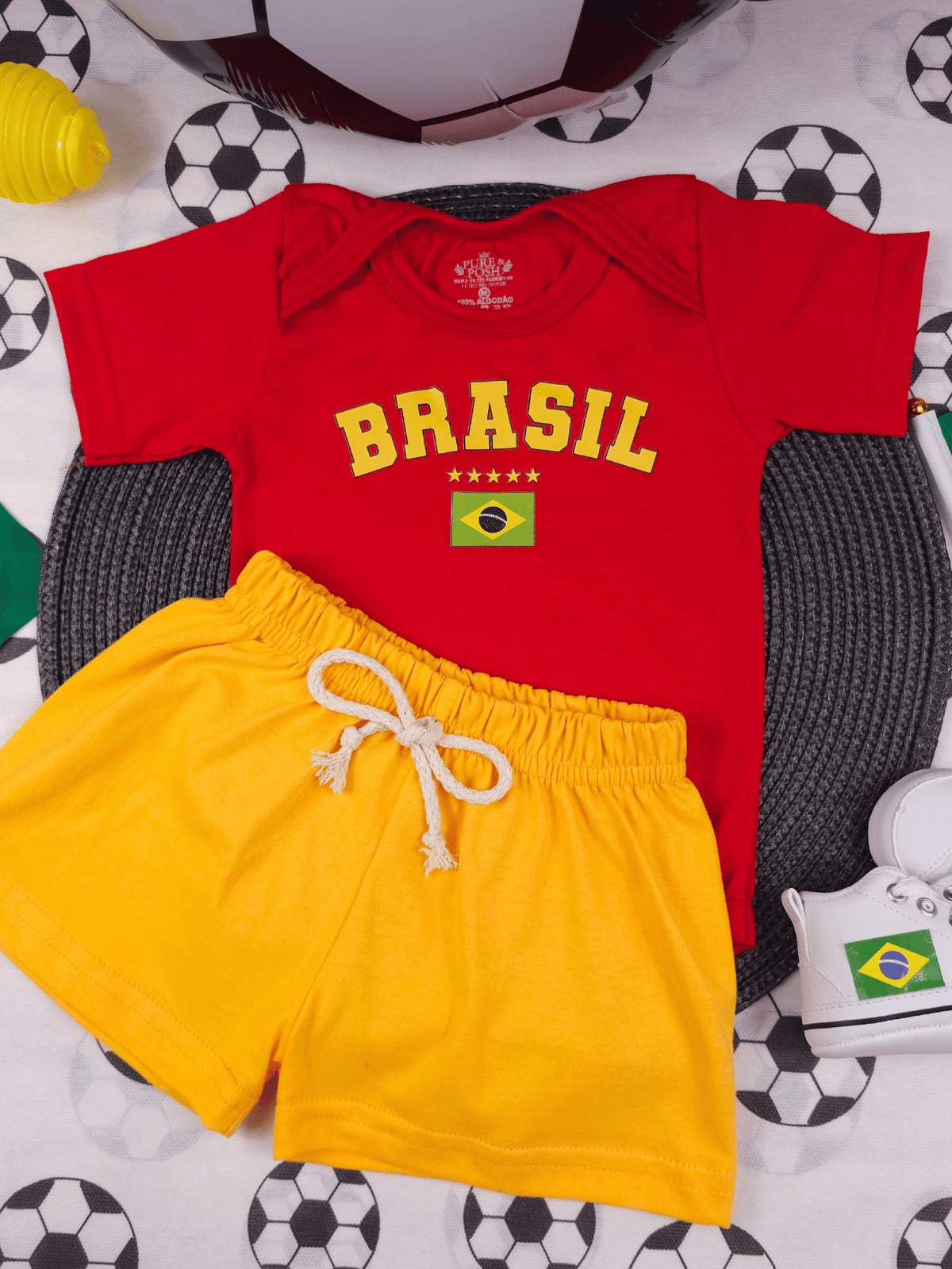 Conjunto Bebê Menino Body Vermelho Brasil Com Short Amarelo De Malha