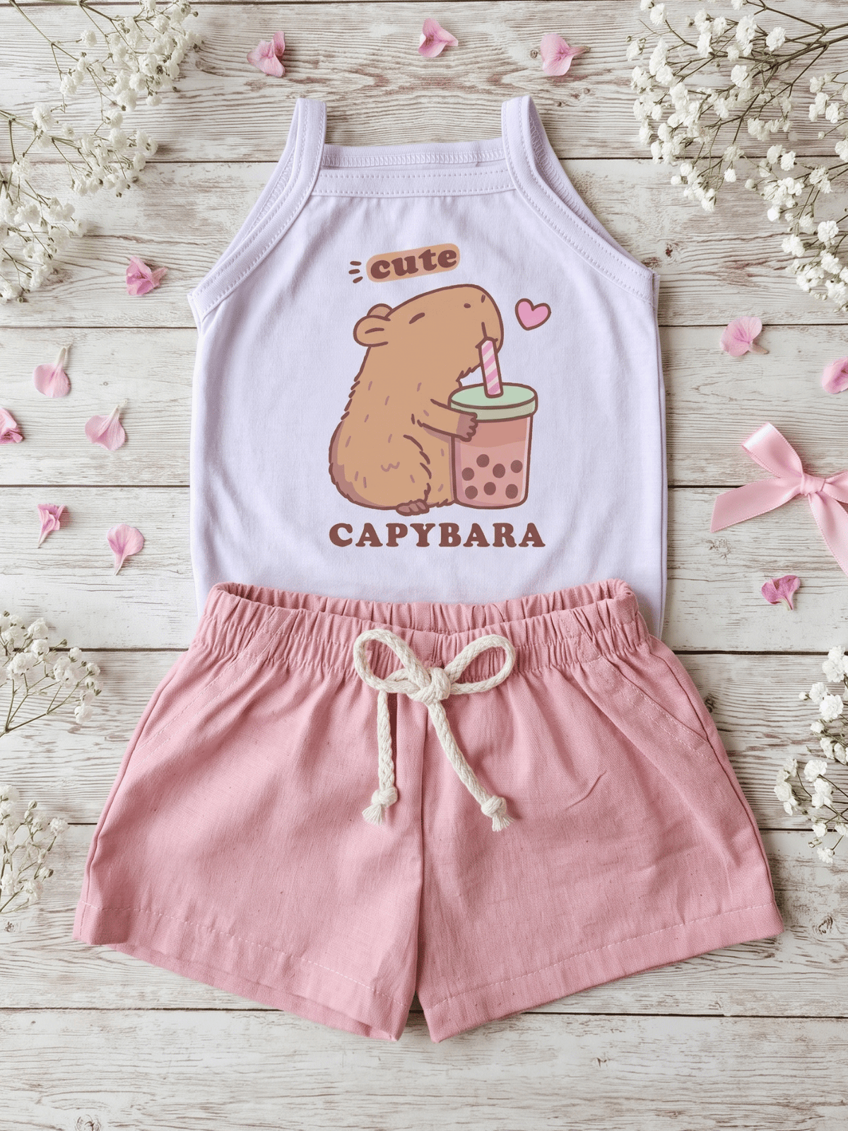 Conjunto Bebê Menina Capivara Body Alcinha e Short Linho