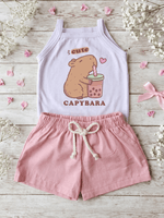 Conjunto Bebê Menina Capivara Body Alcinha e Short Linho