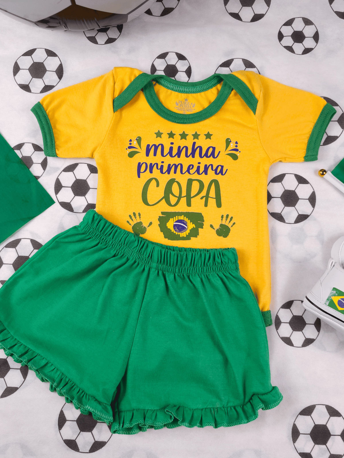 Conjunto Infantil Bebê Menina Brasil Copa Body Estampado E Short Babadinho