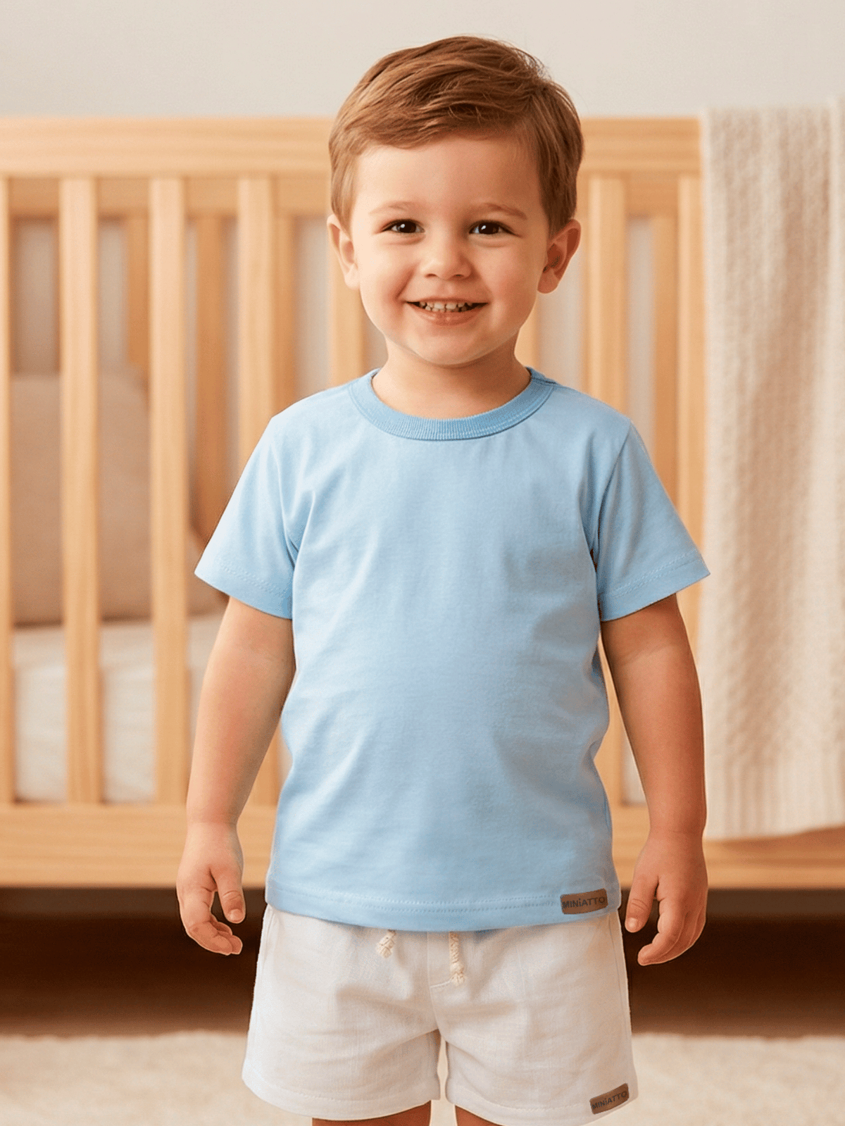 Conjunto Bebê Menino Verão Camiseta Algodão 100% + Short Linho Azul Bebê/Branco (0-4)