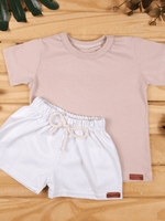 Conjunto Bebê Menino Verão Camiseta Algodão 100% + Short Linho Cappuccino/Branco (0-4)