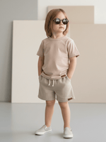 Conjunto Bebê Menino Verão Camiseta Algodão 100% + Short Linho Cappuccino/Off-White (0-4)