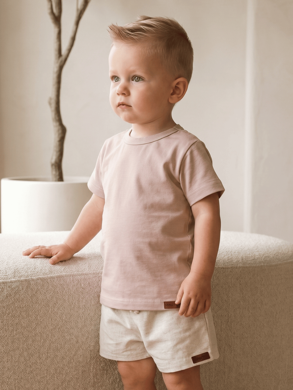 Conjunto Bebê Menino Verão Camiseta Algodão 100% + Short Linho Cappuccino/Off-White (0-4)
