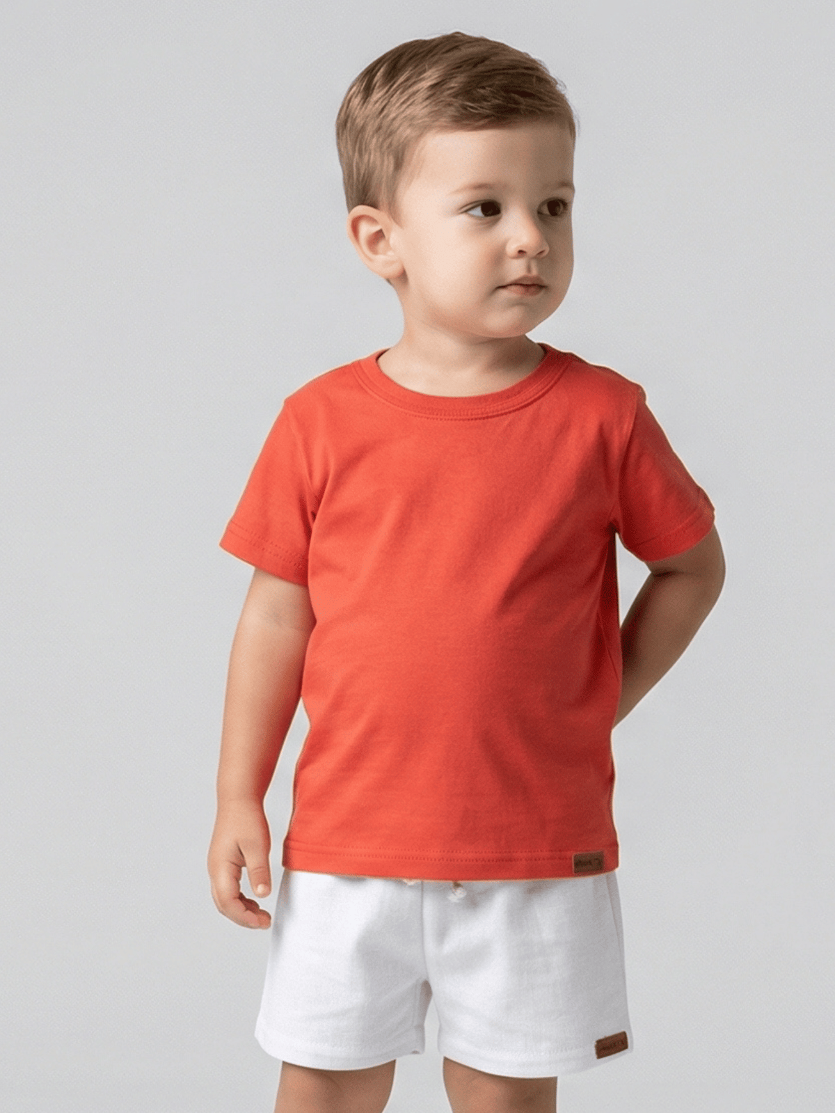 Conjunto Bebê Menino Verão Camiseta Algodão 100% + Short Linho Laranja Ferrugem/Branco (0-4)