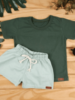 Conjunto Bebê Menino Verão Camiseta Algodão 100% + Short Linho Verde Militar/Verde (0-4) (Cópia)