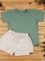 Conjunto Bebê Menino Verão Camiseta Algodão 100% + Short Linho Pistache/Off-White (0-4)