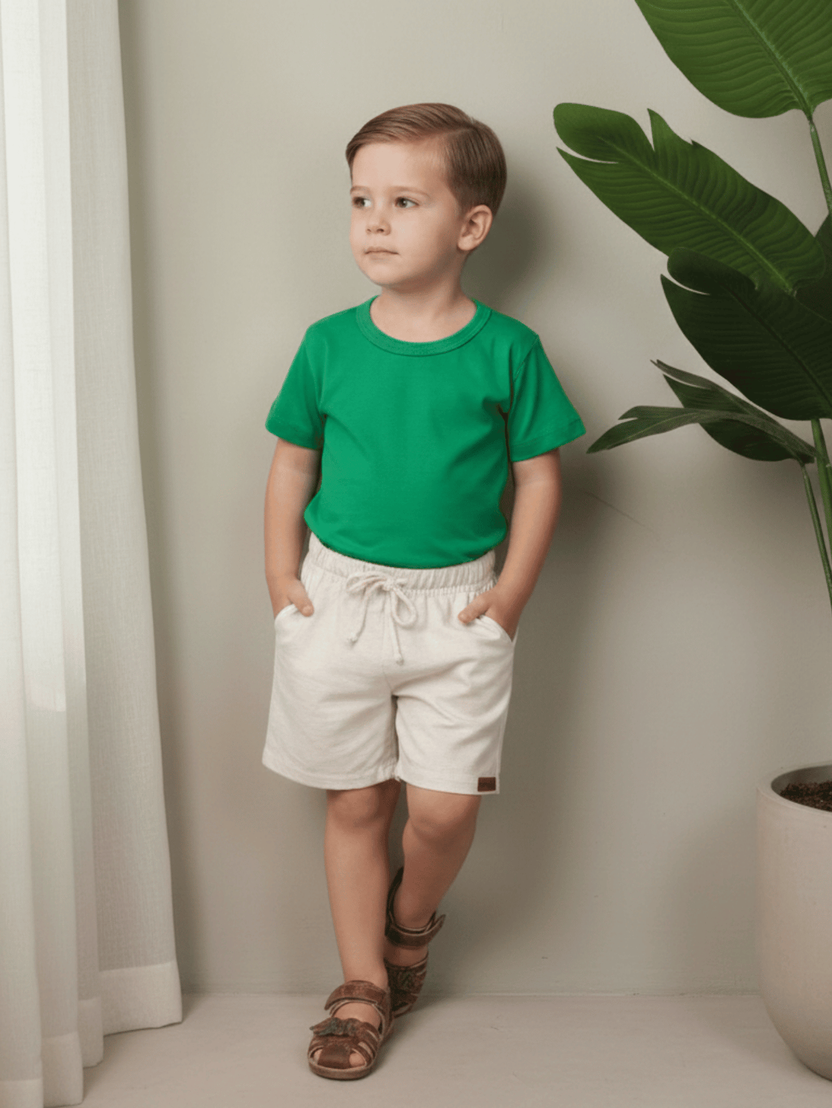 Conjunto Bebê Menino Verão Camiseta Algodão 100% + Short Linho Verde/Off-White (0-4)