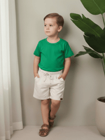 Conjunto Bebê Menino Verão Camiseta Algodão 100% + Short Linho Verde/Off-White (0-4)