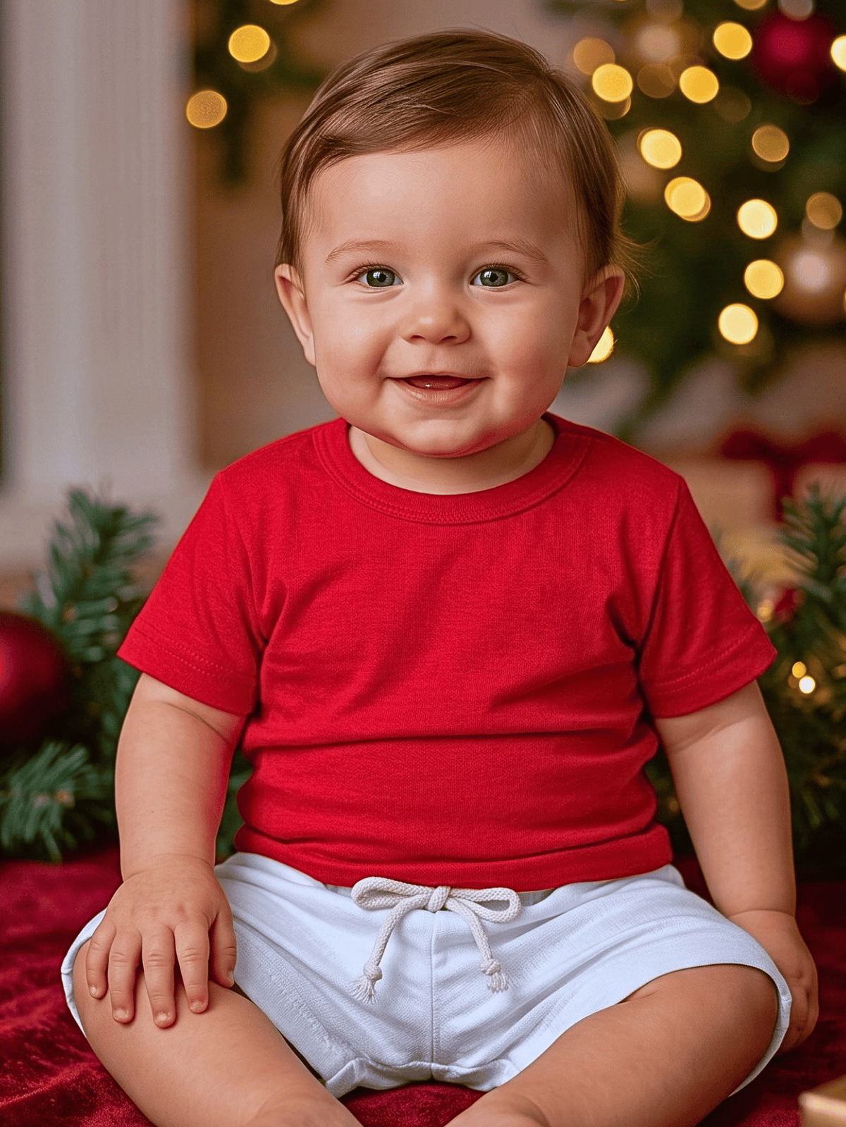 Conjunto Bebê Menino Natal Camiseta Vermelha de Algodão e Short de Linho Branco