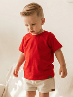 Conjunto Bebê Menino Verão Camiseta Algodão 100% + Short Linho Vermelha/Off-White (0-4)
