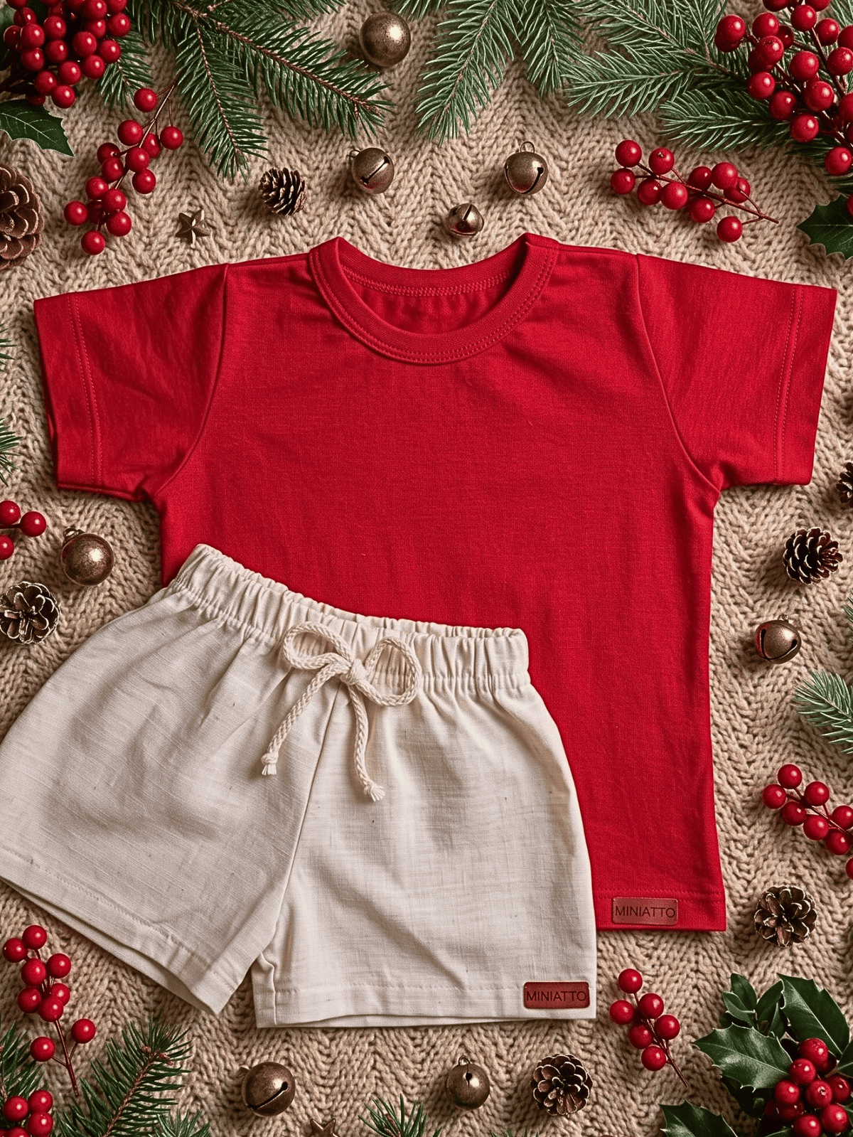 Conjunto Bebê Menino Natal Camiseta Vermelha de Algodão e Short de Linho
