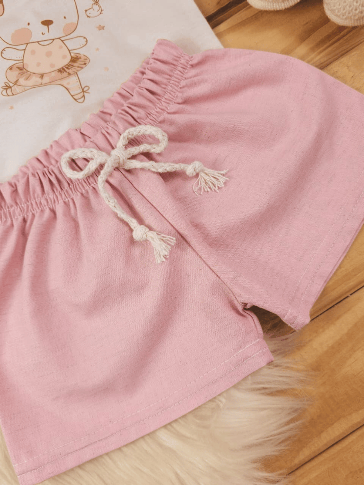 Conjunto Bebê Menina Body Alcinha Ursinha e Short Linho