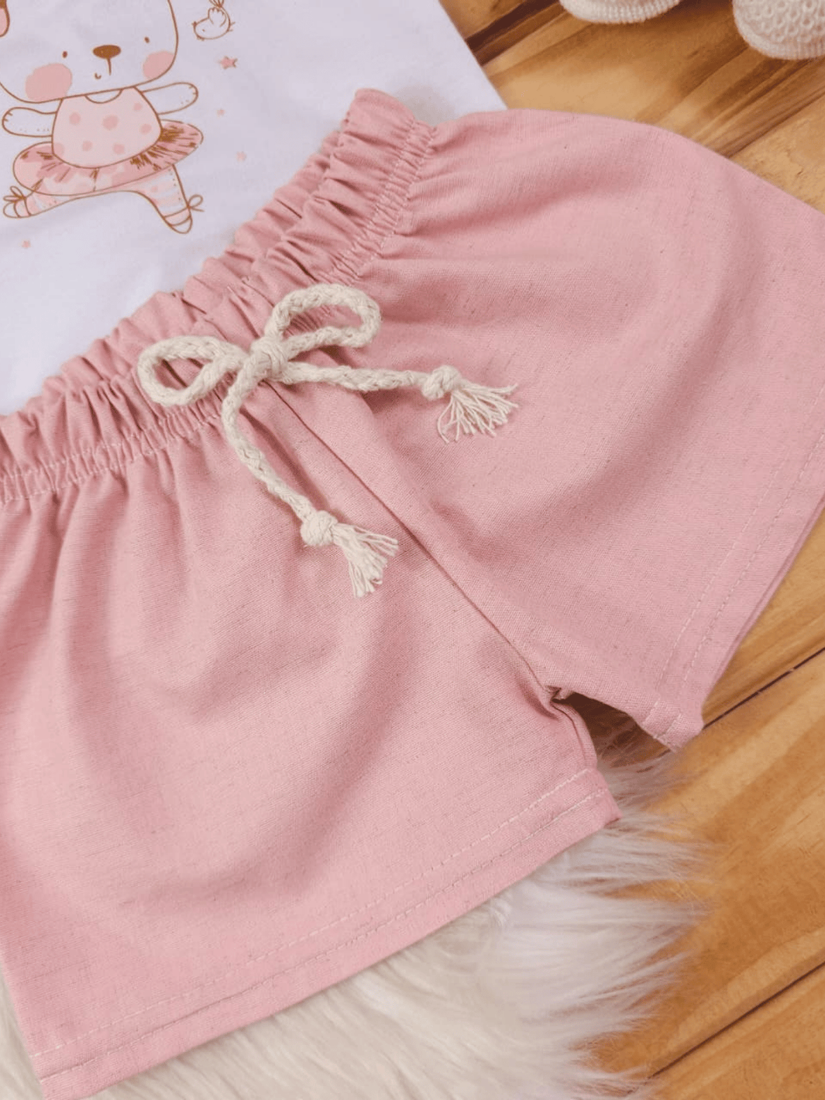 Conjunto Bebê Menina Body Alcinha Ursinha e Short Linho