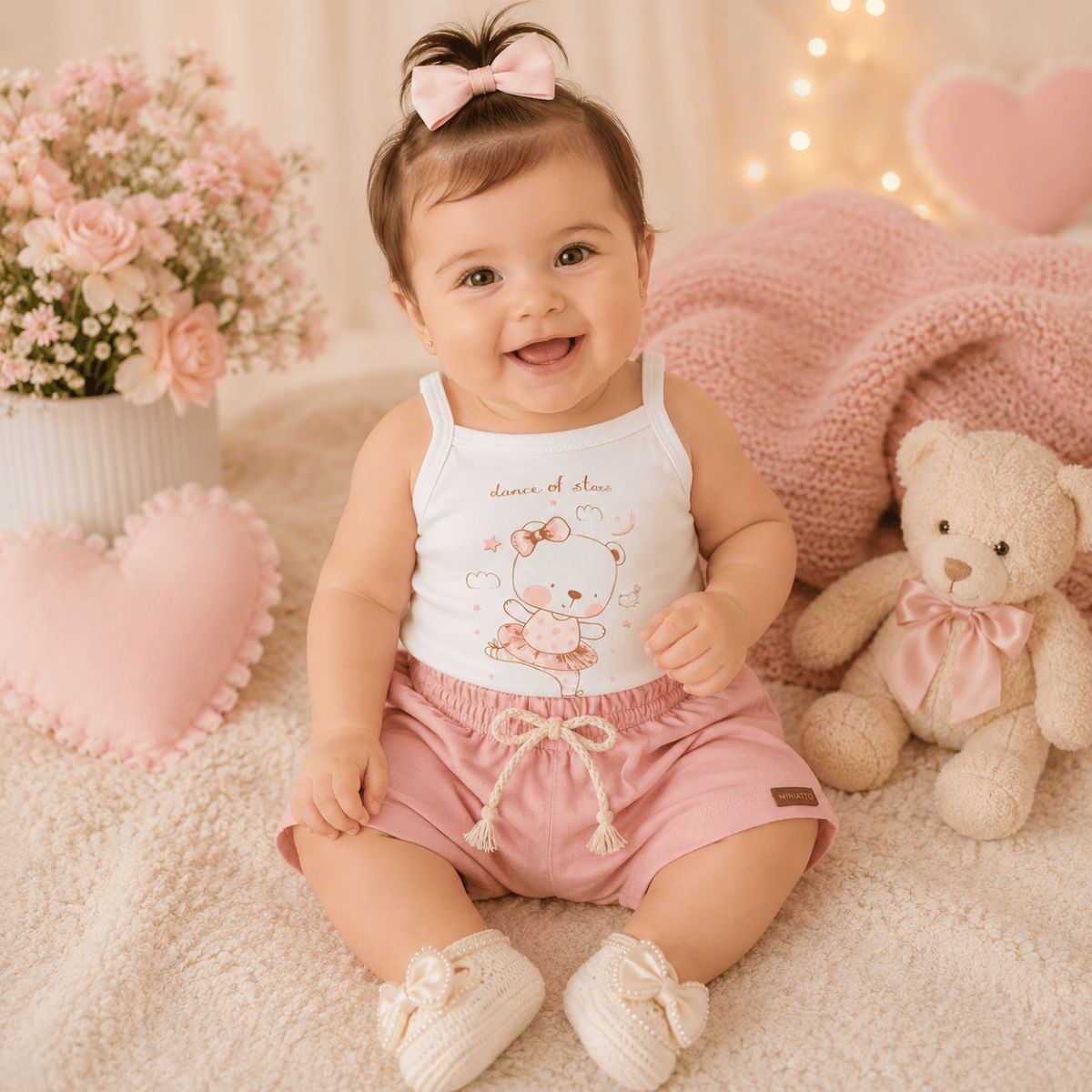Conjunto Infantil Bebê Menina Floral com Short em Linho Rosa
