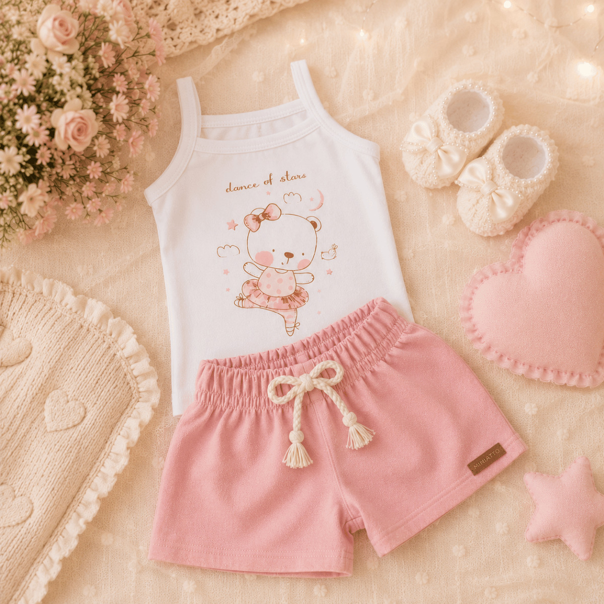 Conjunto Infantil Bebê Menina Floral com Short em Linho Rosa