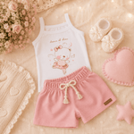 Conjunto Infantil Bebê Menina Floral com Short em Linho Rosa