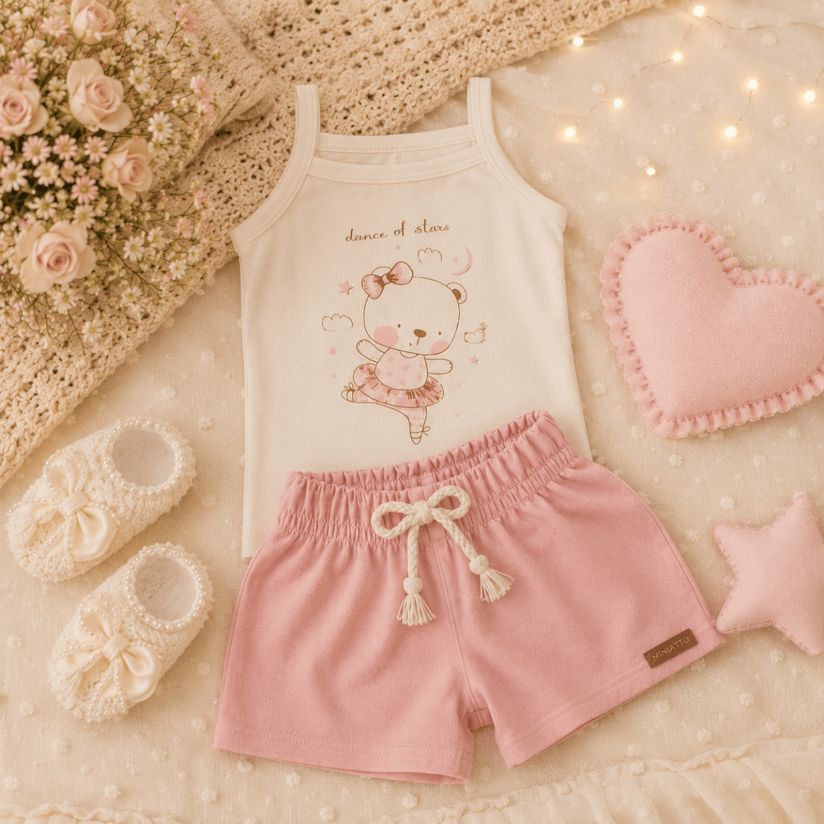 Conjunto Infantil Bebê Menina Floral com Short em Linho Rosa