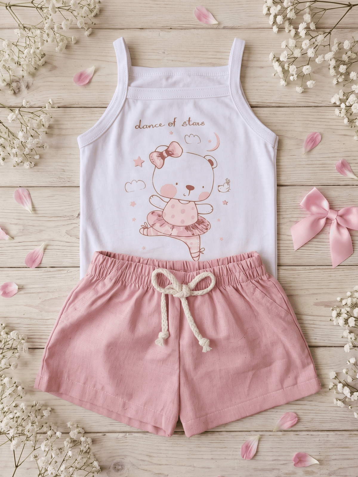 Conjunto Bebê Menina Body Alcinha Ursinha e Short Linho