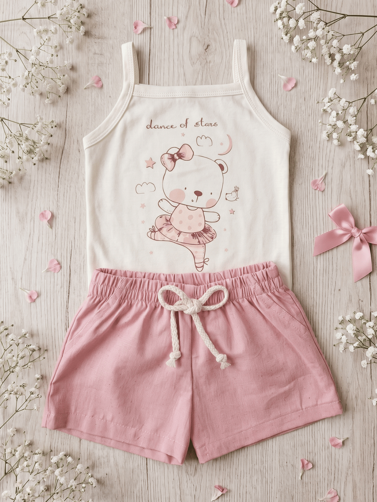 Conjunto Bebê Menina Body Alcinha Ursinha e Short Linho