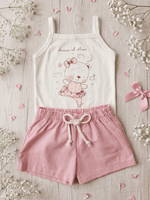 Conjunto Bebê Menina Body Alcinha Ursinha e Short Linho