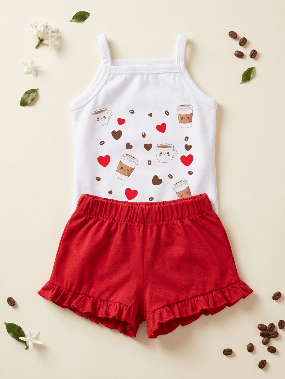 Conjunto Bebê Menina Mêsversário Body de Alcinha Estampa Café e Short Babadinho Vermelho