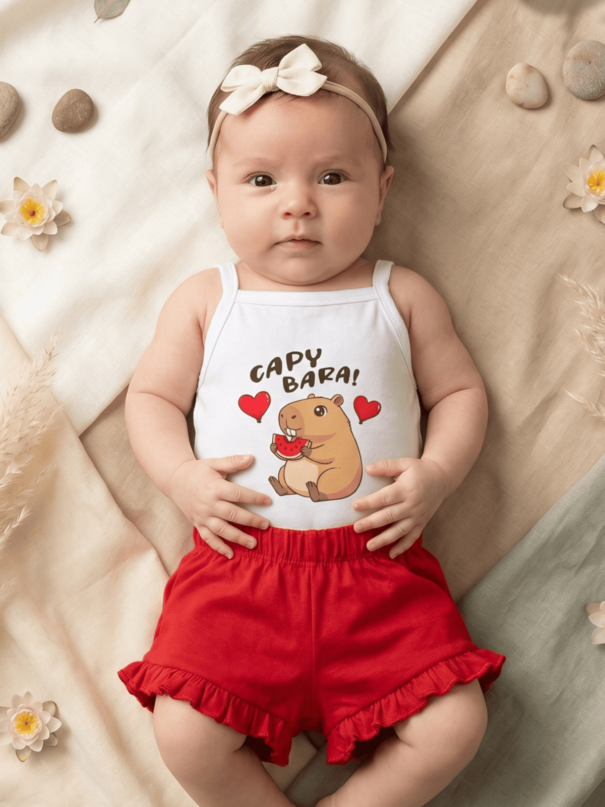 Conjunto Bebê Menina Mêsversário Body Capivara Fofa e Short Babadinho Vermelho