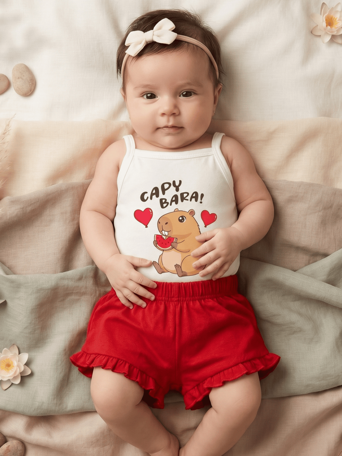Conjunto Bebê Menina Mêsversário Body Capivara Fofa e Short Babadinho Vermelho