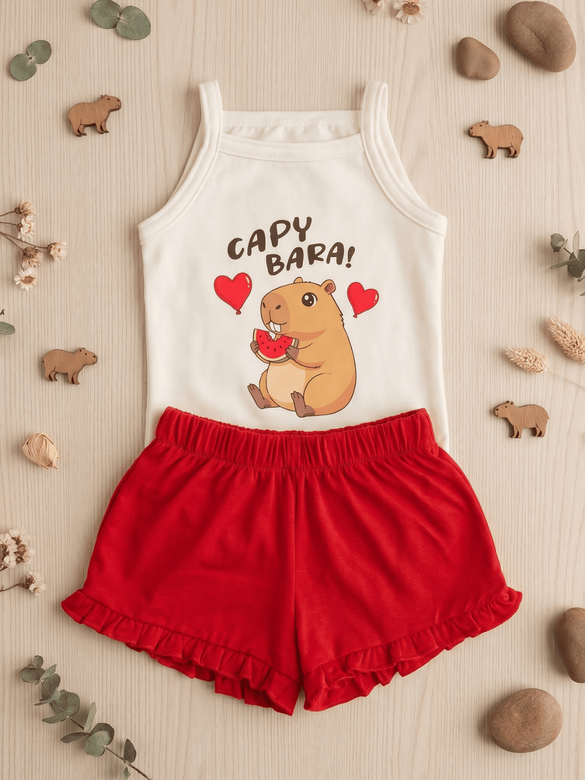 Conjunto Bebê Menina Mêsversário Body Capivara Fofa e Short Babadinho Vermelho