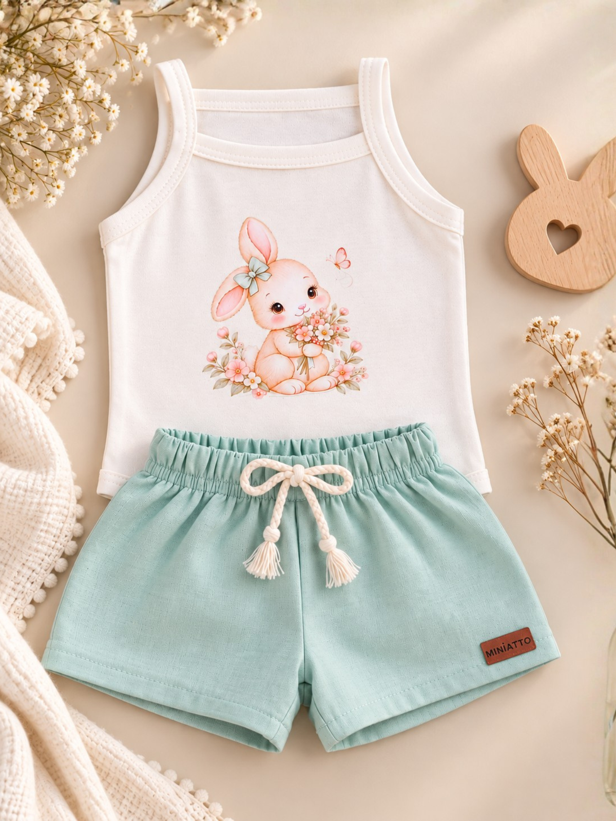 Conjunto Bebê Menina Coelhinha Body Alcinha Off e Short Linho Verde