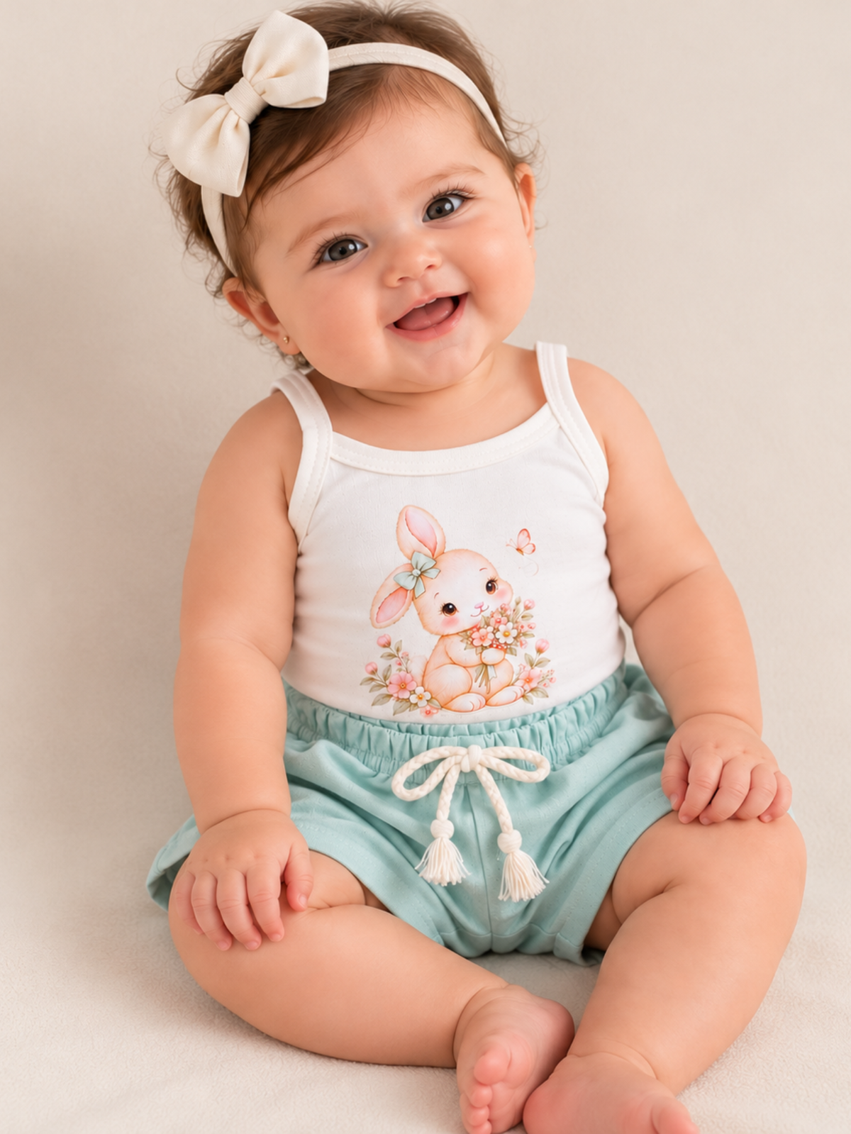 Conjunto Bebê Menina Coelhinha Body Alcinha Off e Short Linho Verde