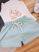 Conjunto Bebê Menina Coelhinha Body Alcinha Off e Short Linho Verde