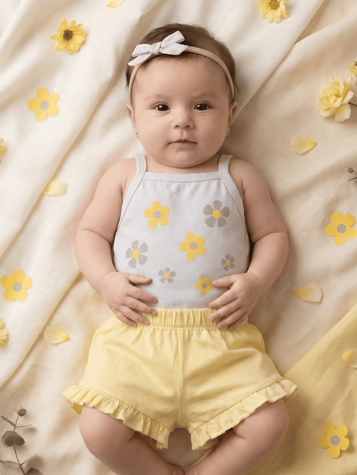 Conjunto Bebê Menina Mêsversário Body Floral e Short Babadinho Amarelo