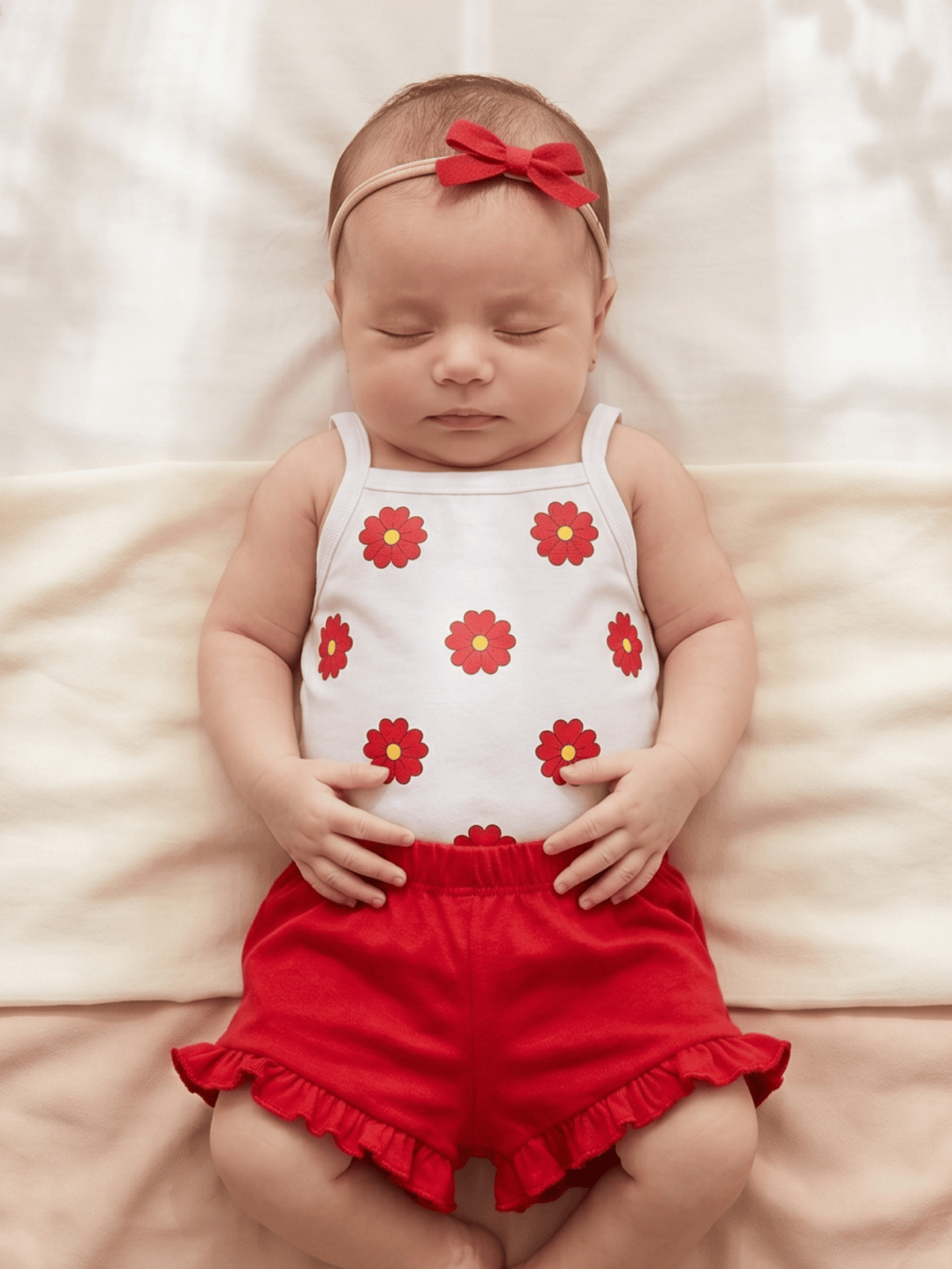 Conjunto Infantil Bebê Menina Floral com Short Babadinho Vermelho