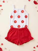 Conjunto Infantil Bebê Menina Floral com Short Babadinho Vermelho