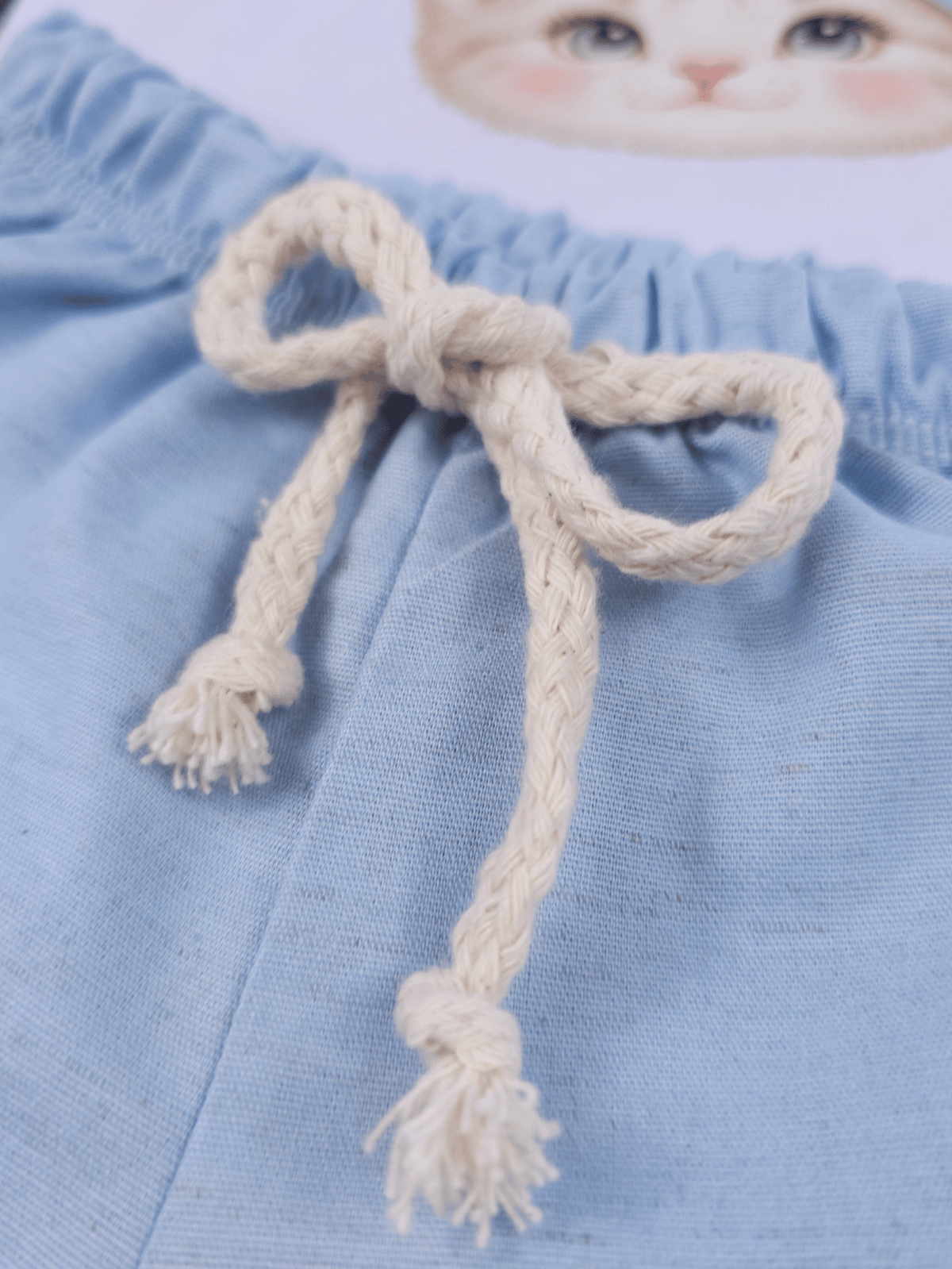 Conjunto Bebê Menina Gatinha Body Alcinha e Short Linho Azul