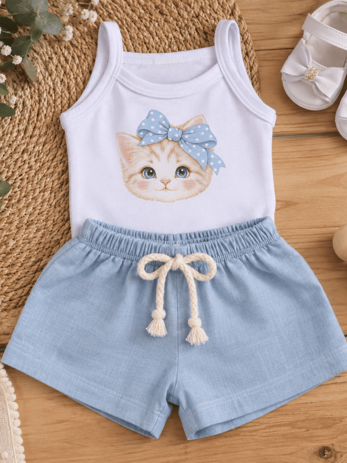 Conjunto Bebê Menina Gatinha Body Alcinha e Short Linho Azul