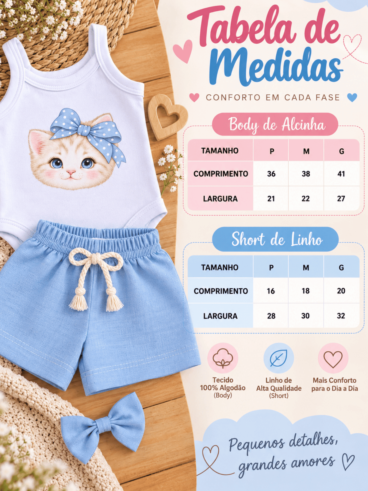 Conjunto Bebê Menina Gatinha Body Alcinha e Short Linho Azul