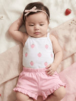 Conjunto Bebê Menina Mêsversário Body de Alcinha Moranguinho e Short Babadinho Rosa