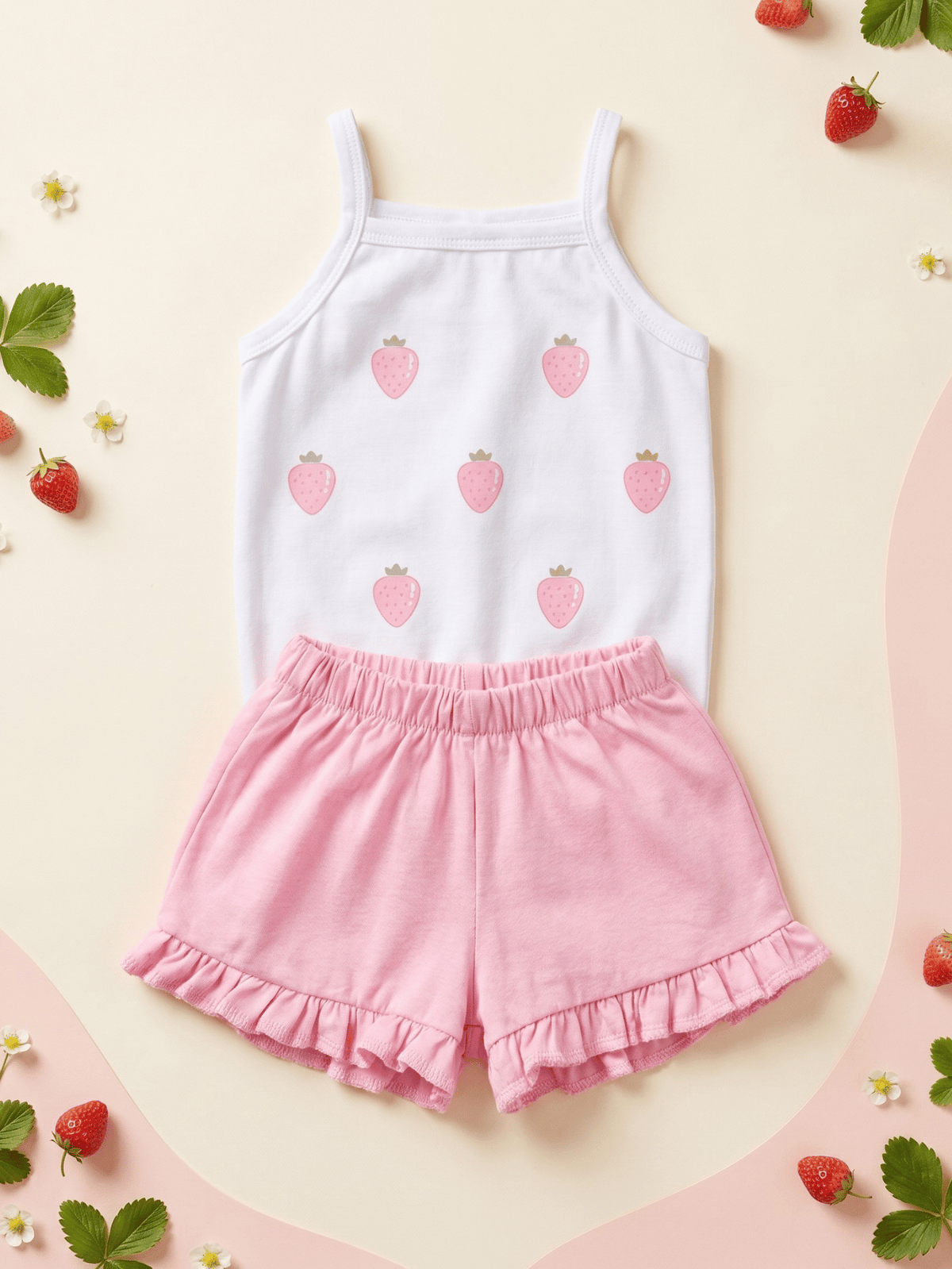 Conjunto Bebê Menina Mêsversário Body de Alcinha Moranguinho e Short Babadinho Rosa