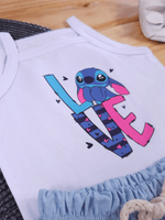 Conjunto Bebê Menina Stitch Body Alcinha e Short Linho Azul
