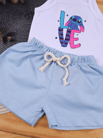 Conjunto Bebê Menina Stitch Body Alcinha e Short Linho Azul