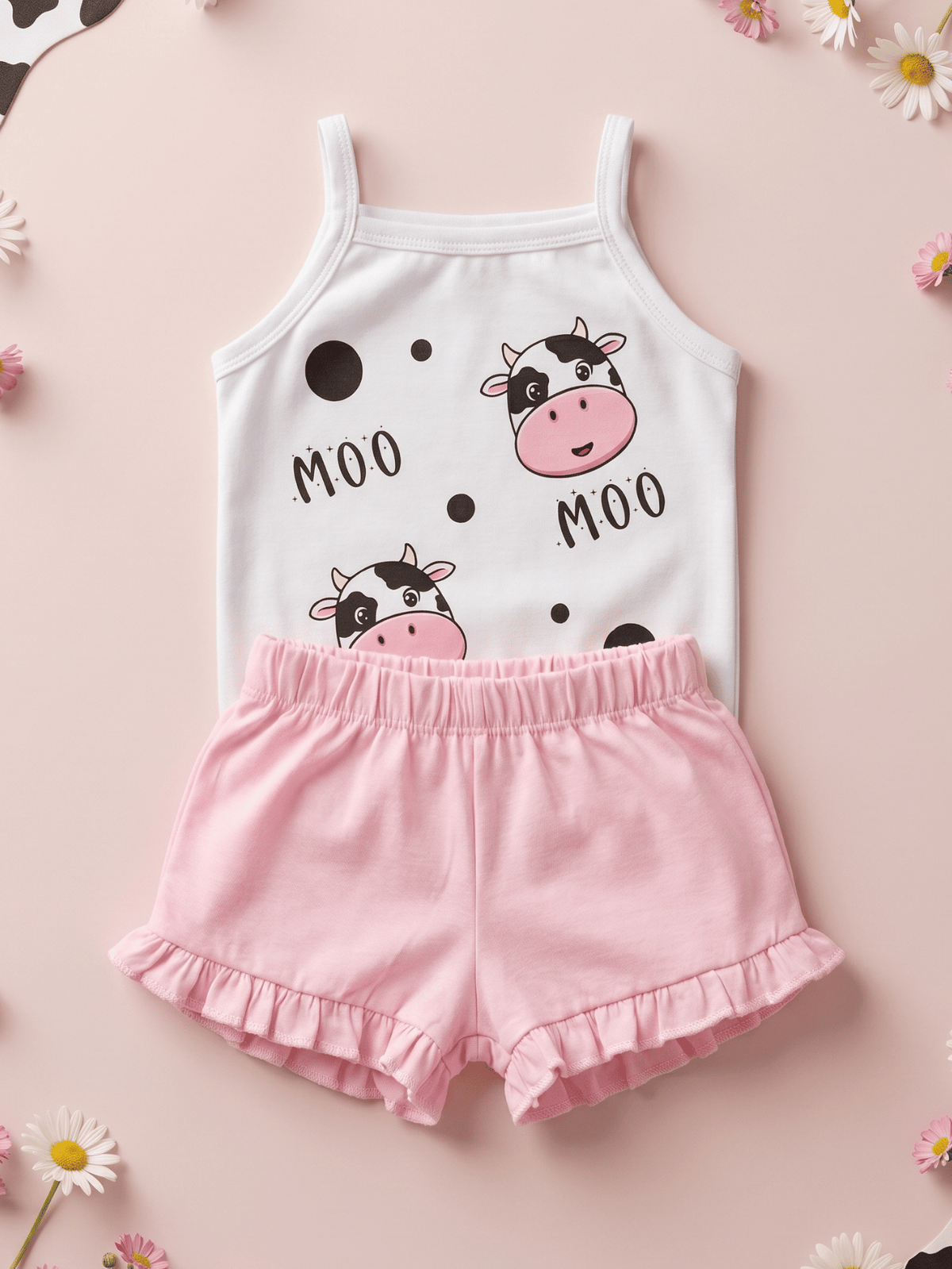 Conjunto Bebê Menina Body de Alcinha com Vaquinha e Short Rosa Babadinho Mesversário