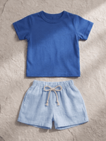 Conjunto Bebê Menino Verão Camiseta Azul Royal e Short Linho Azul