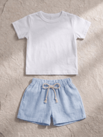 Conjunto Bebê Menino Verão Camiseta Algodão 100% + Short Linho Branco/Azul (0-4)