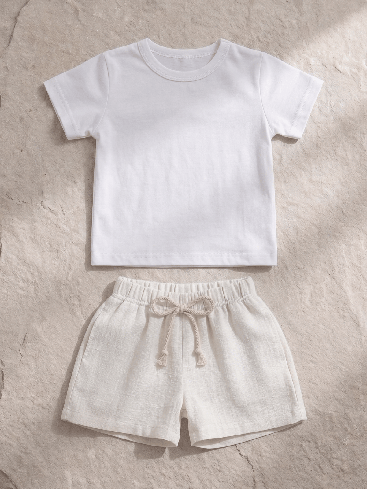 Conjunto Bebê Menino Verão Camiseta Algodão 100% + Short Linho Branco/Off-White (0-4)