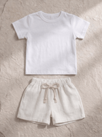 Conjunto Bebê Menino Verão Camiseta Algodão 100% + Short Linho Branco/Off-White (0-4)