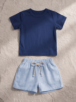 Conjunto Bebê Menino Verão Camiseta Algodão 100% + Short Linho Azul Marinho/Azul (0-4)