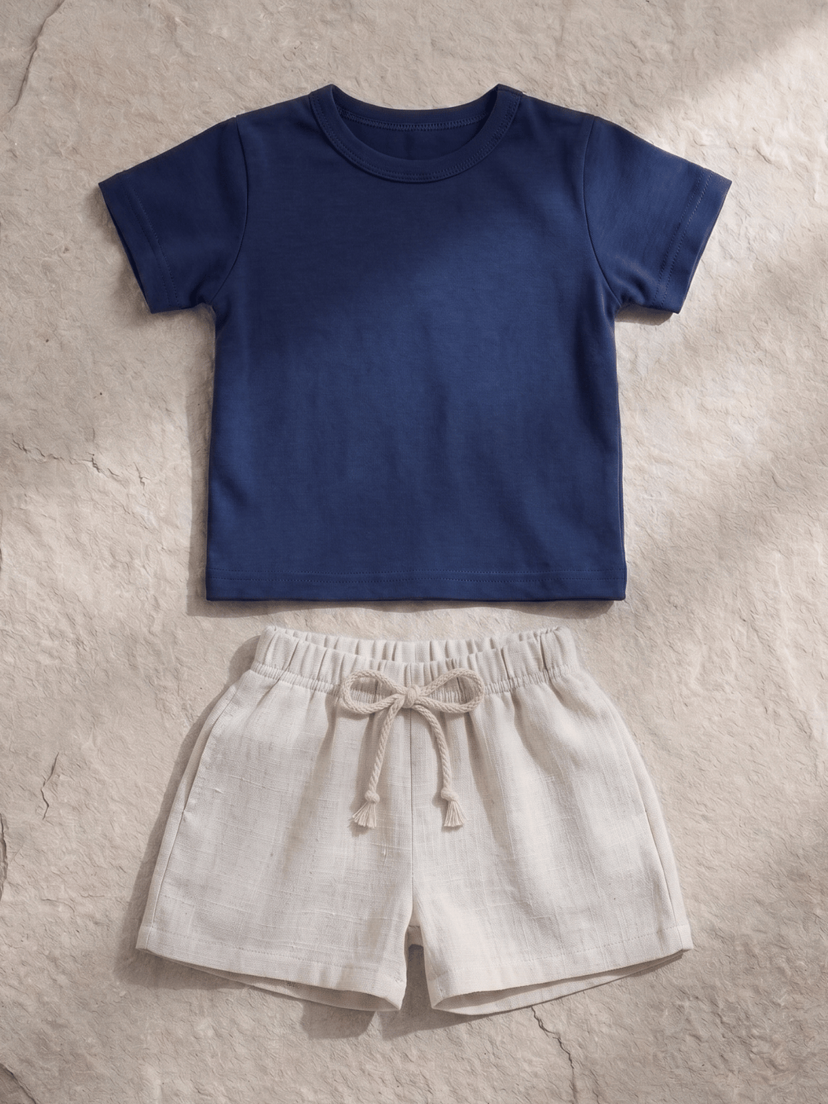 Conjunto Bebê Menino Verão Camiseta Algodão 100% + Short Linho Azul Marinho/Off-White (0-4)