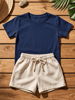 Conjunto Bebê Menino Verão Camiseta Algodão 100% + Short Linho Azul Marinho/Off-White